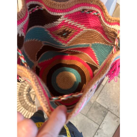 Wayuu Mochila Pink Blue Drawstring Bucket Bag - Picture 5 of 6